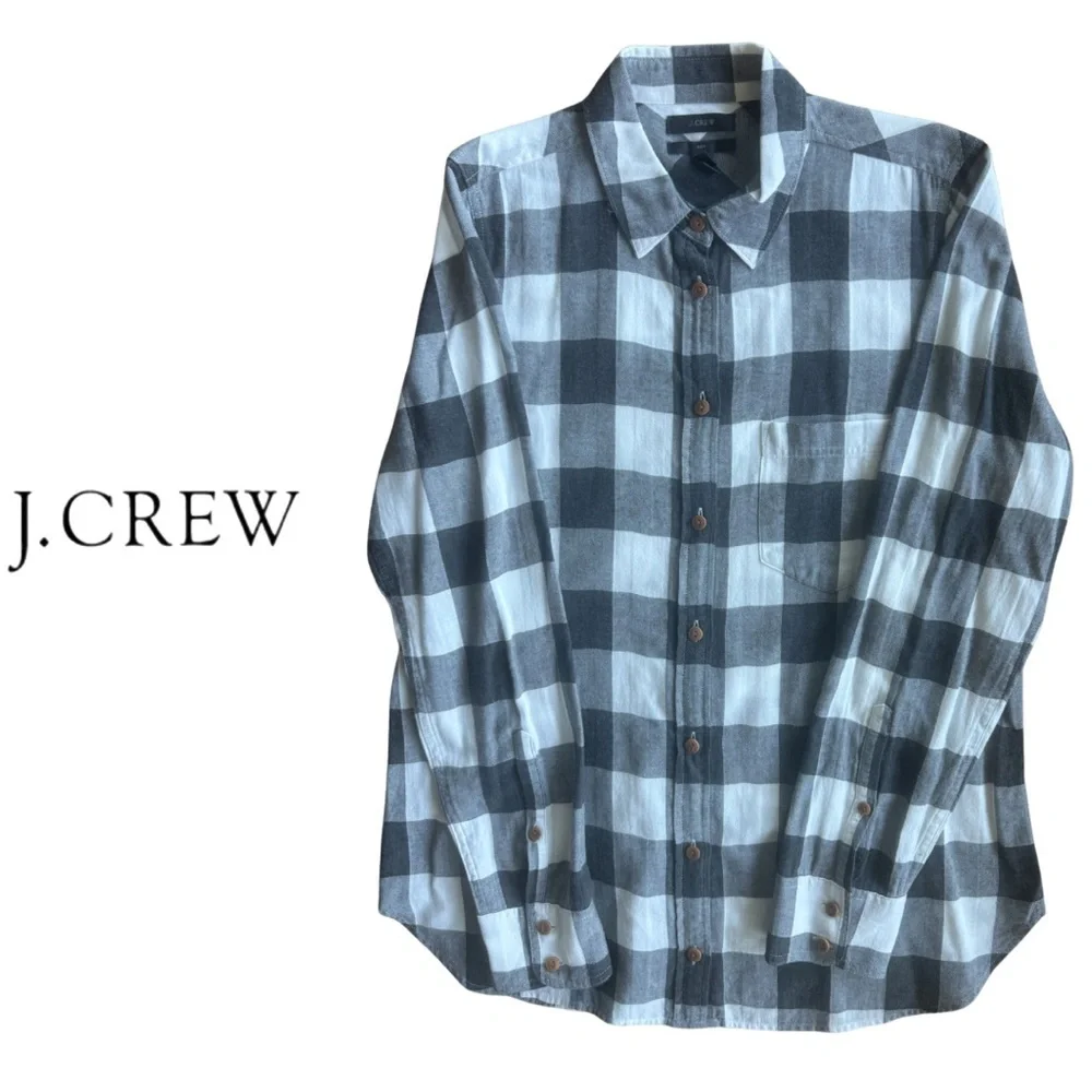 J. Crew Black White Plaid Button Shirt 6 medium flannel boy fit cotton stretch